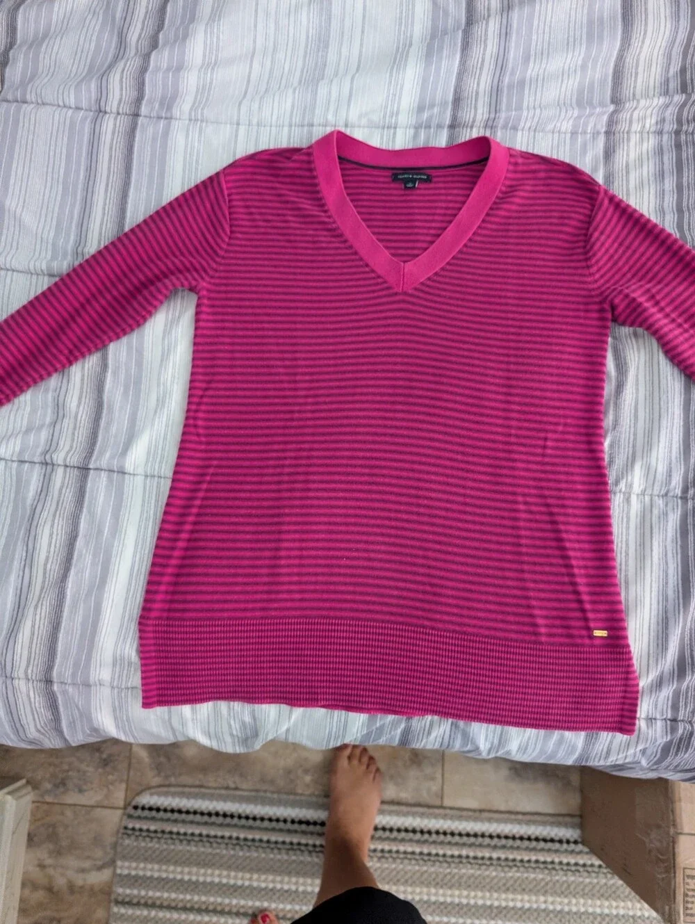 Tommy Hilfiger Hot Pink & Dark Pink Striped V-Neck Sweater